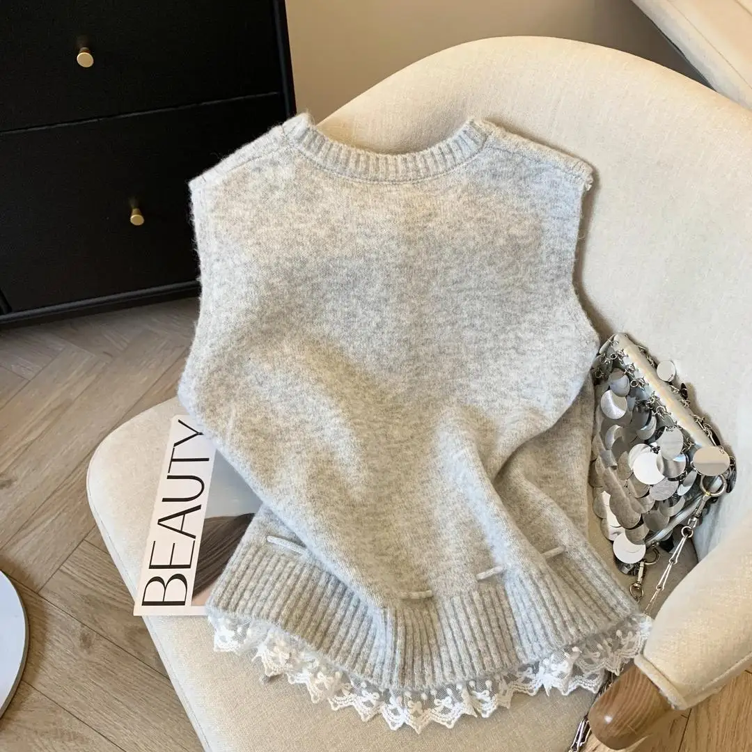 Sewing Vest - Korean Round Neck Single Breasted Lace